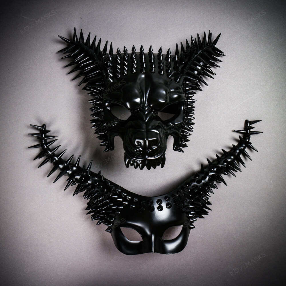 Black Spiked Animal Wolf & Long Horned Demon Halloween Couple Mask Set